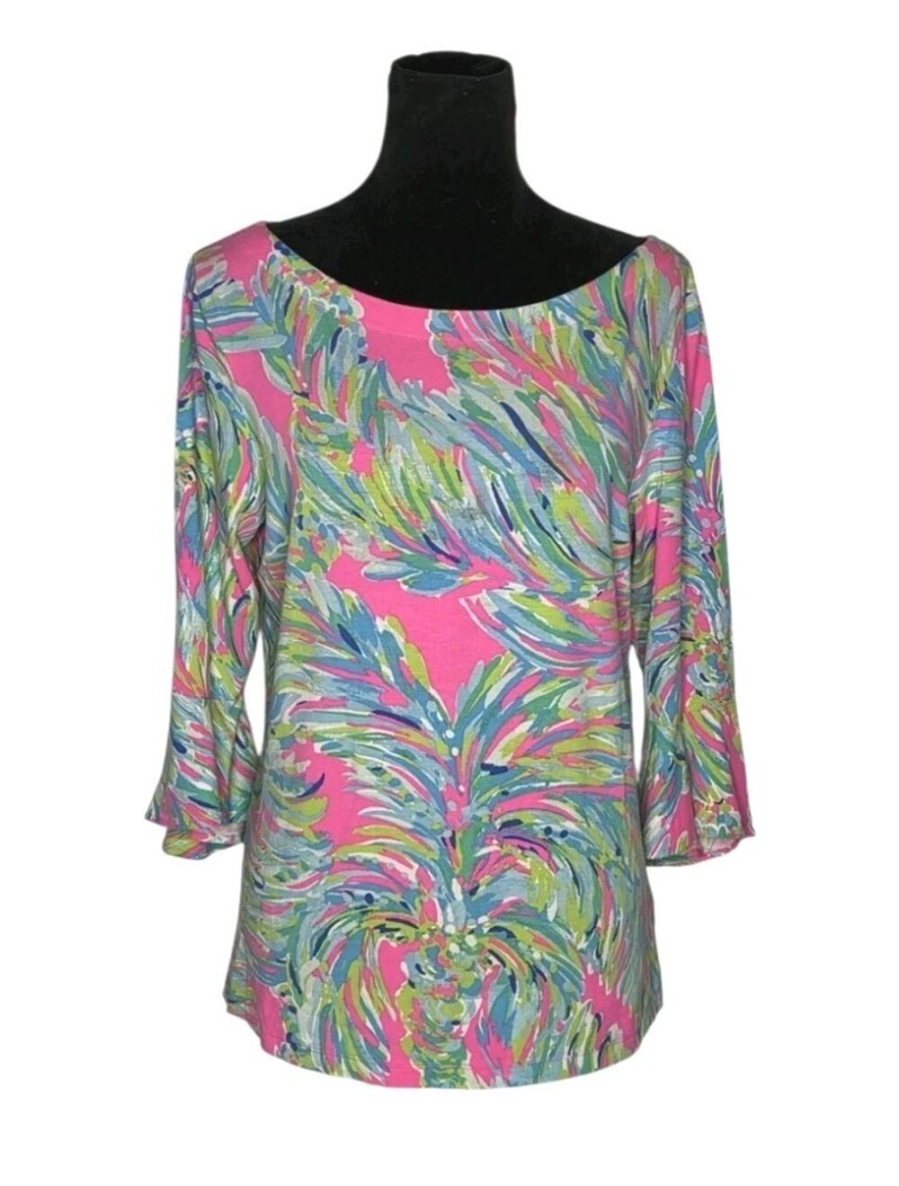 Lilly Pulitzer Tropical Palm Print Pima Cotton Modal Bell Sleeve Top Sz L Resort